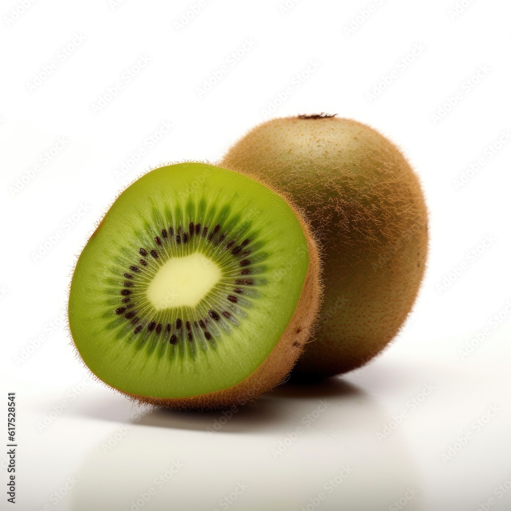 A kiwi cut in half on a white background created with Generative AI technology A kiwi cut in half on a white background created with Generative AI technology