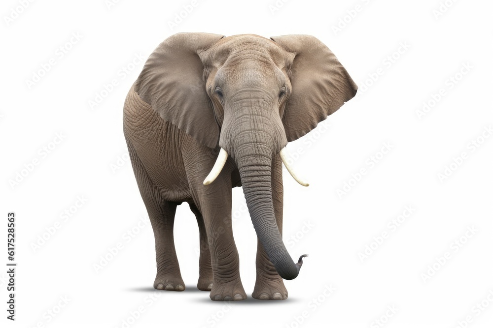 An elephant with tusks standing in front of a white background created with Generative AI technology