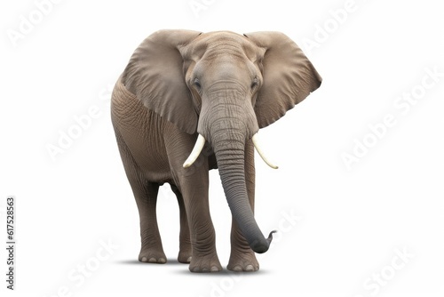 An elephant with tusks standing in front of a white background created with Generative AI technology