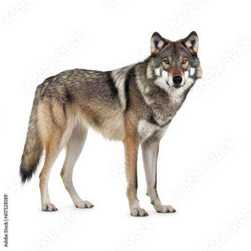 A wolf is standing in front of a white background created with Generative AI technology