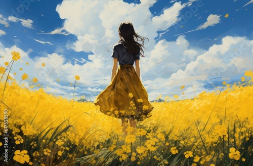 Beautiful girl in yellow dress on a field with lots of ripe yellow flowers.