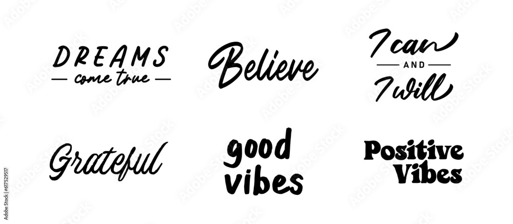 Vector set with Motivational quotes. Hand written inspirational phrases. Happiness and positive message banners.