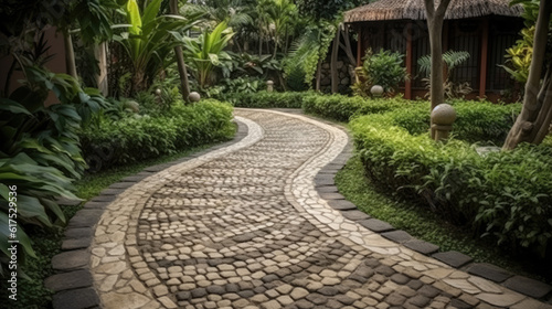 Stone walkway winding in garden Bangkok, Thailand.