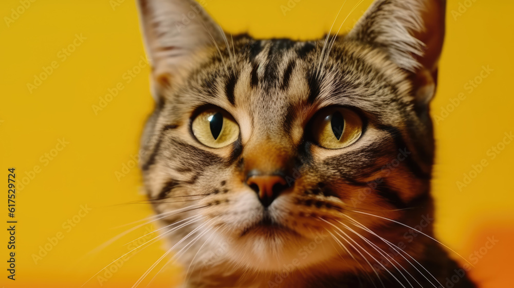 Portrait of a cat in front of bright yellow background.