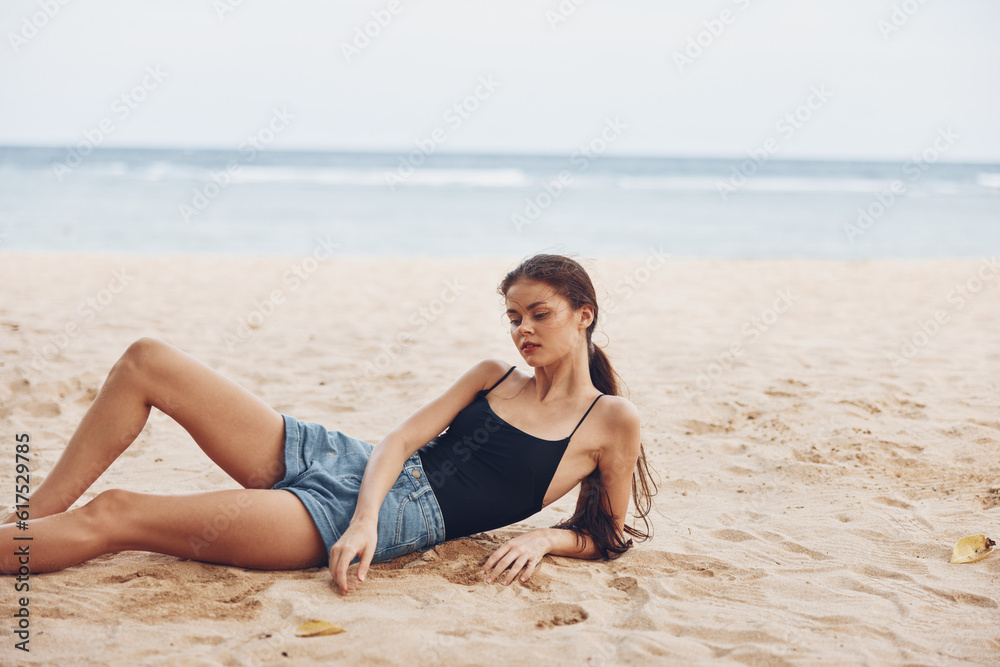 woman sea travel sitting freedom smile nature sand lifestyle vacation beach