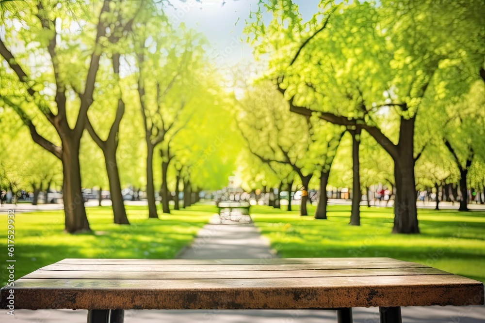 wooden table surrounded by a lush green park filled with tall trees wooden table surrounded by a lush green park filled with tall trees