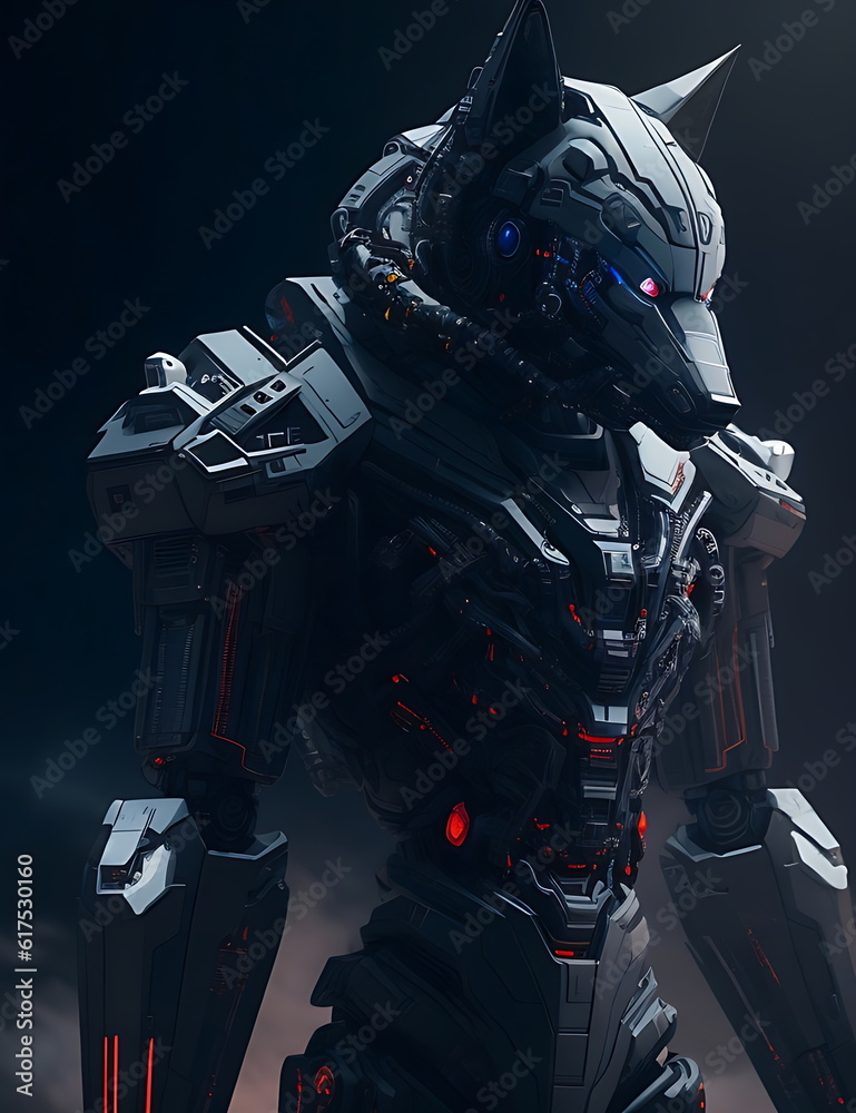 Futuristic humanoid wolf cyborg robot in dark space. 3D rendering Futuristic humanoid wolf cyborg robot in dark space. 3D rendering