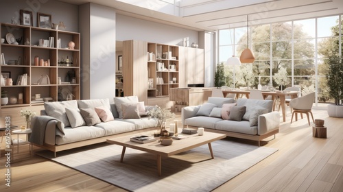 Interior design of modern scandinavian apartment, living room and dining room. created with generative ai.