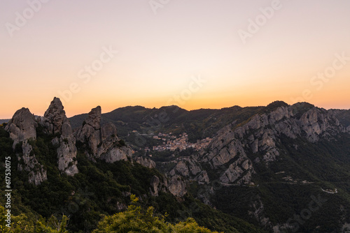 View of Pietrapertosa and Castelmezzano. Two beautiful villages built on the Lucanian Dolomites in Italy. Connected by a zipline that crosses the valley adrenaline-pumping experience. Day and sunset. © Mattia