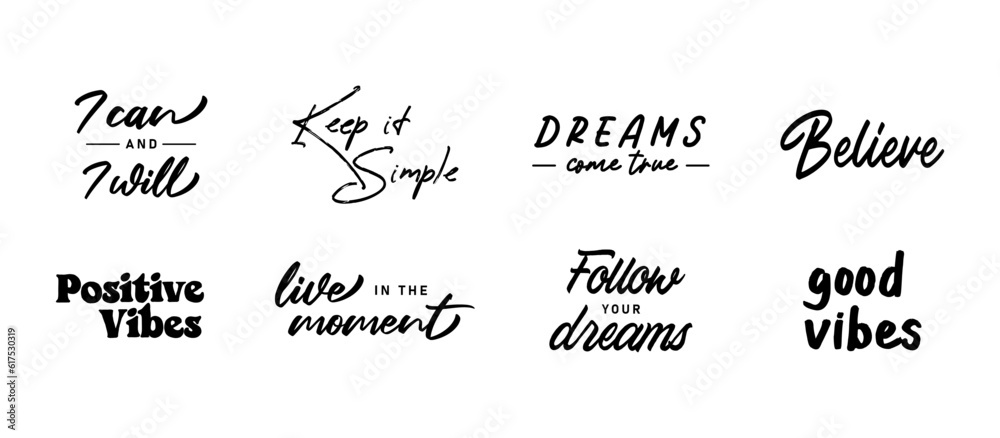Vector set with Motivational quotes. Hand written inspirational phrases. Happiness and positive message banners. - obrazy, fototapety, plakaty 