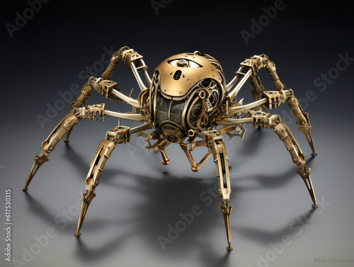 This detailed steampunk artwork showcases a mesmerizing mechanical creature known as a "steam spider." Spider's body is a combination of brass and steel. © Fabian