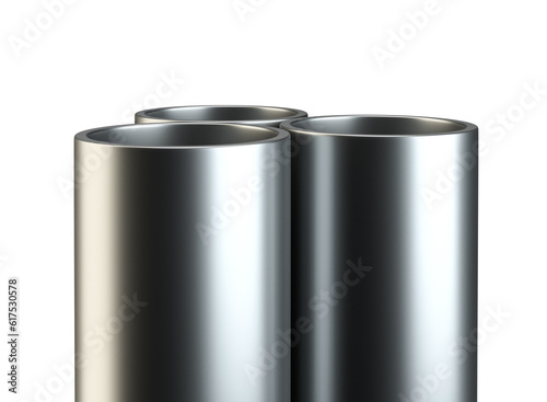 Three metal pipes. Close-up on white background. 3D Rendering