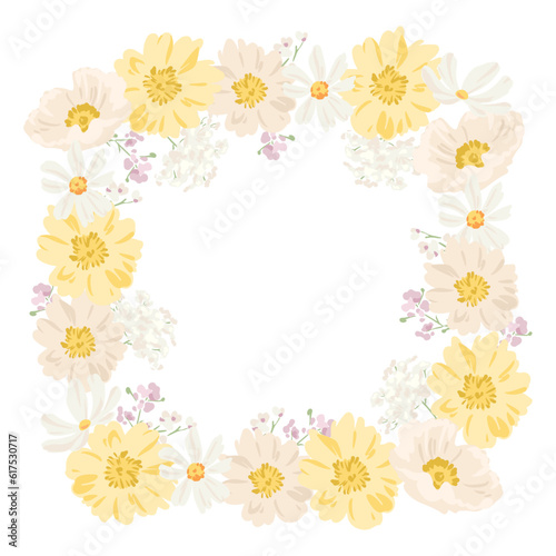 Pastel Yellow, Beige, White Blooming Floral Peony and Daisy Square Frame Illustration © Inna
