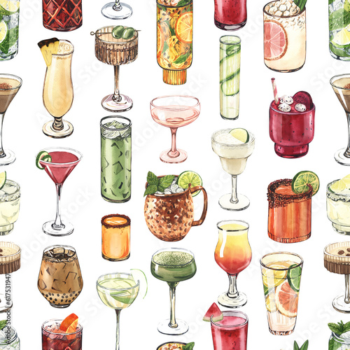 Watercolor seamless pattern, cocktail glasses: martini, mojito, cosmopolitan, moscow mule. Hand-drawn illustration isolated on white background.Perfect for recipe lists with alcoholic drinks, for cafe