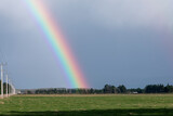 Photograph of a large rainbow over a green agricultural field with cows and sheep grazing and a mountain range in the background on the South Island of New Zealand