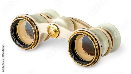 Old vintage pair of opera glasses in opposite directions isolated on white background