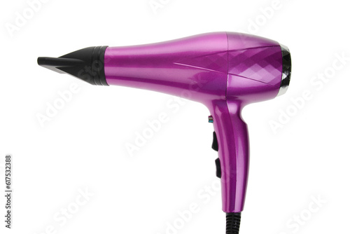 Purple hair dryer with nozzle. isolated on white background.