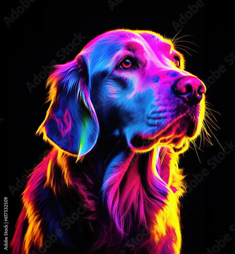 Cute astro dog in neon rainbow color lights over black background.