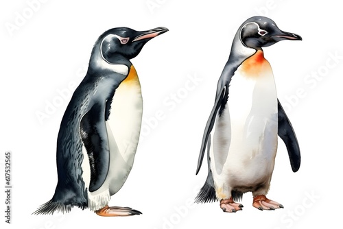 Watercolor illustration of two penguins on white background. Generative AI.