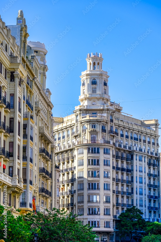 Classical architecture in the building facades of the town square, Valencia, Spain