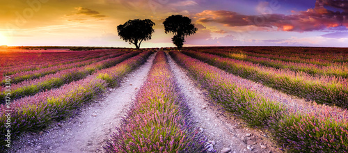 Lavender fields at sunset with a pink sky and a tree on the horizon in the Brihuega region of Guadalajara © cribea