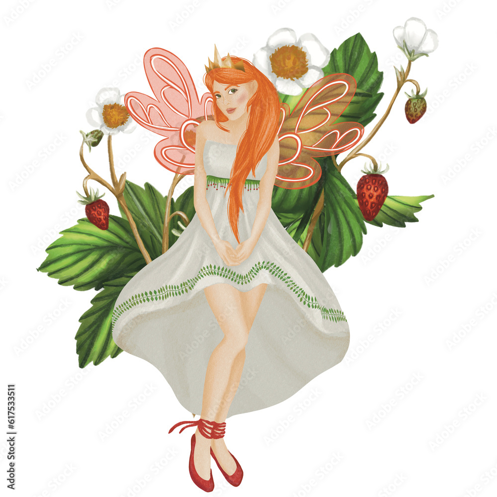 Cute red haired fairy with s crown in white dress in wild strawberry bush
