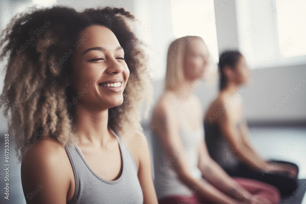 Group of mixed race smiling women practicing yoga in the gym close up Group of mixed race smiling women practicing yoga in the gym close up