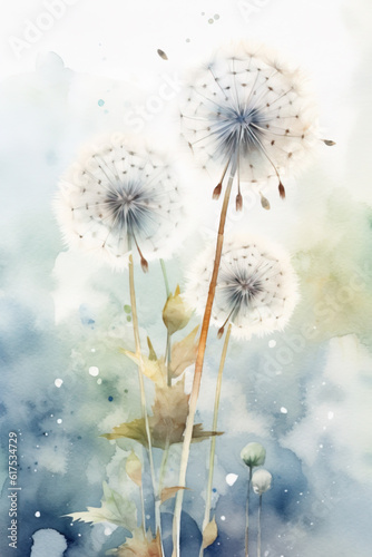 White fluffy watercolor dandelions  on a light background. Generative AI.
