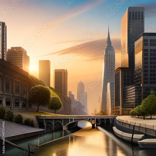 a painting of a city with a river running through it, a detailed matte painting by Evgeny Lushpin, shutterstock contest winner, american scene painting, matte painting, cityscape, matte drawing
 photo