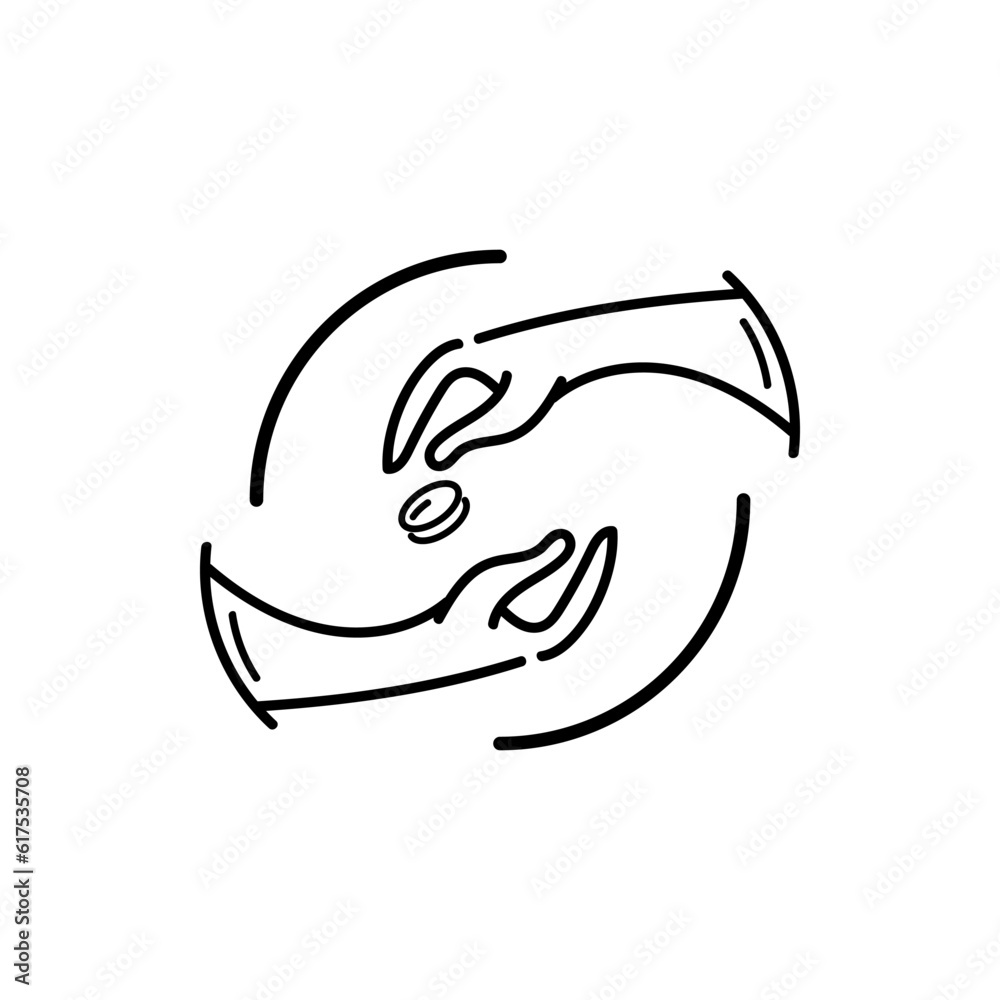 Hand giving and receiving coin money logo icon concept. Funds organization, fundraiser, non profit, donation, charity vector illustration Hand giving and receiving coin money logo icon concept. Funds organization, fundraiser, non profit, donation, charity vector illustration