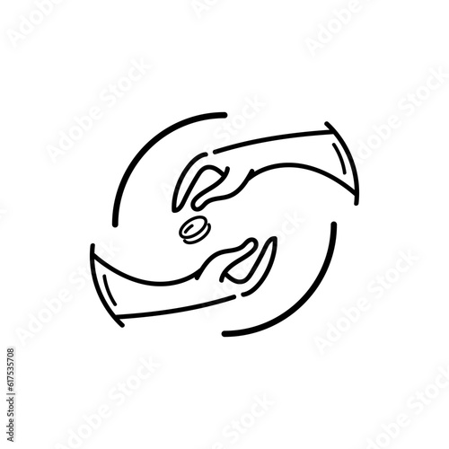 Hand giving and receiving coin money logo icon concept. Funds organization, fundraiser, non profit, donation, charity vector illustration