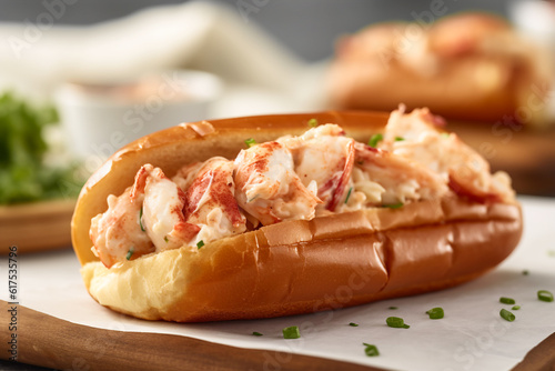 Delicious lobster roll tossed with mayo in a toasted brioche bun. Traditional New England cuisine specialty