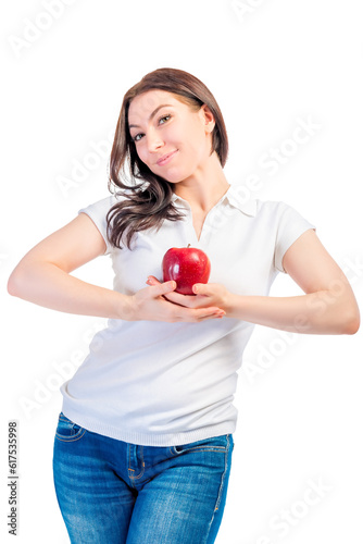 girl holding a ripe apple isolated