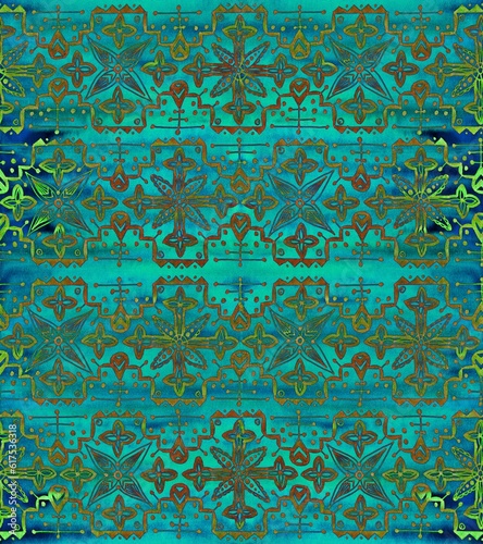 Ethnic seamless pattern. Boho green ornament. Repeating background. photo