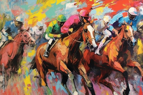 Fine art Oil Painting of Horse Racing. Race-riding sport jockeys competition. Modern mid-century of horse race.