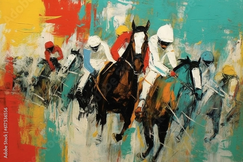 Fine art Oil Painting of Horse Racing. Race-riding sport jockeys competition. Oil on canvas.