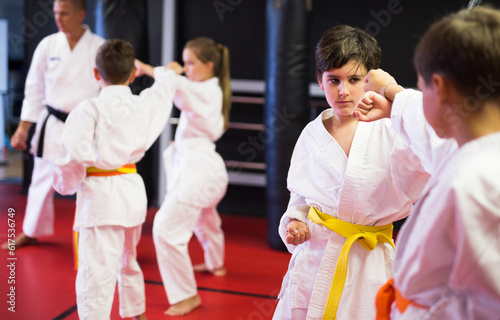 Diligent school boys practicing new karate moves in pairs in class with trainer