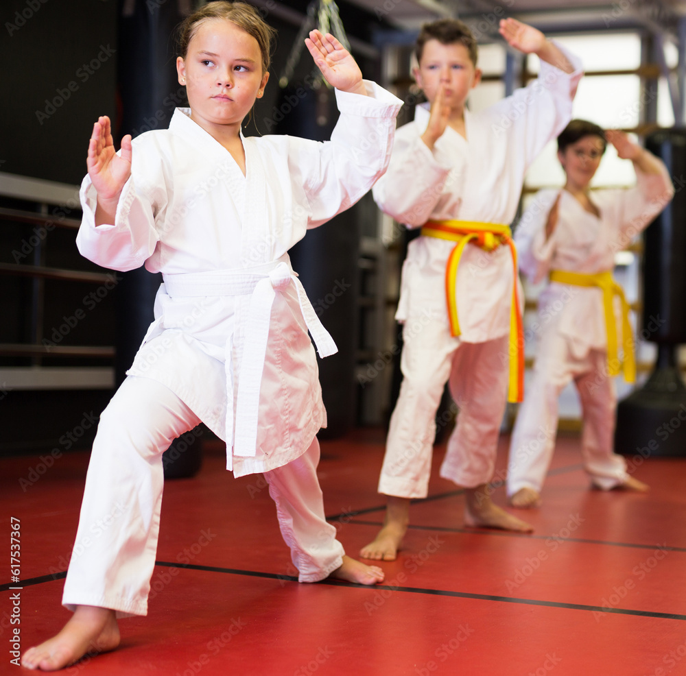 Portrait of schoolchild girl practicing new moves with master during karate class
