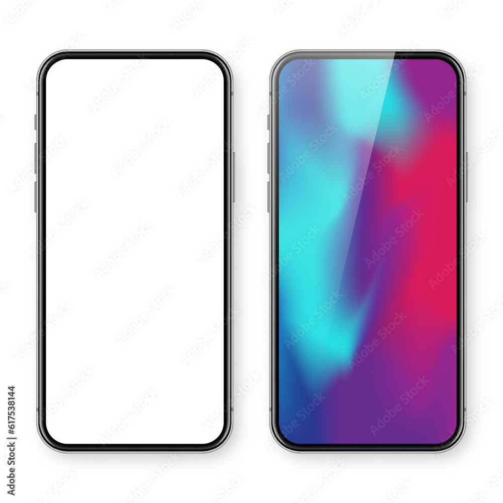 Smartphone with blank touch screen and abstract colorful background, wallpaper. Frameless mobile phone in front view. High quality detailed device mockup. Vector illustration Smartphone with blank touch screen and abstract colorful background, wallpaper. Frameless mobile phone in front view. High quality detailed device mockup. Vector illustration