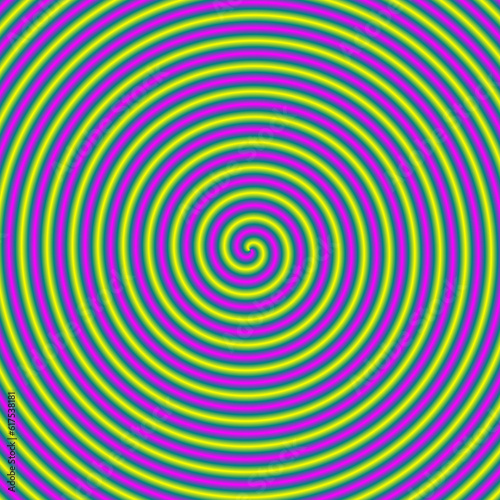 A digital fractal image with a candy stripe spiral design in yellow  blue  green and pink.