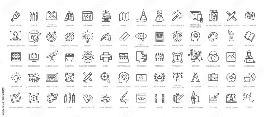 Set of thin line web icons of graphic design and project workflow