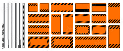 Warning, danger signs, attention banners with metal poles. Blank orange caution sign, construction site signage. Notice signboard, warning banner, road shield. Vector illustration