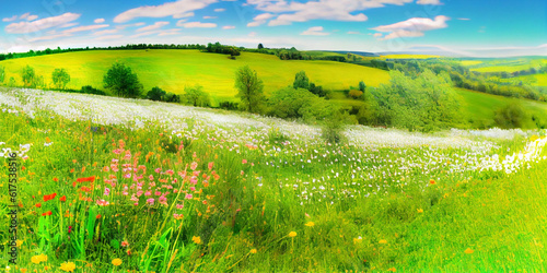 A view into the distance and a spacious landscape of a beautiful flowering and green summer meadow. Generative AI