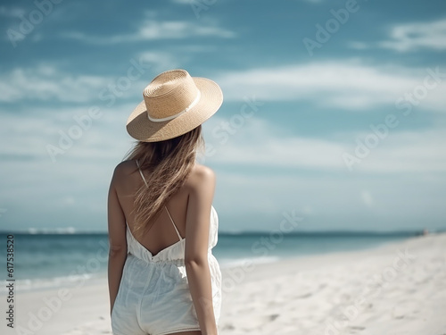 Beautiful young woman on a sandy tropical sea beach, view from the back. Generative AI © Tatiana