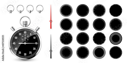 Classic stopwatch with clock faces. Shiny metal chronometer, time counter with dial. Countdown timer showing minutes and seconds. Time measurement for sport, start and finish. Vector illustration