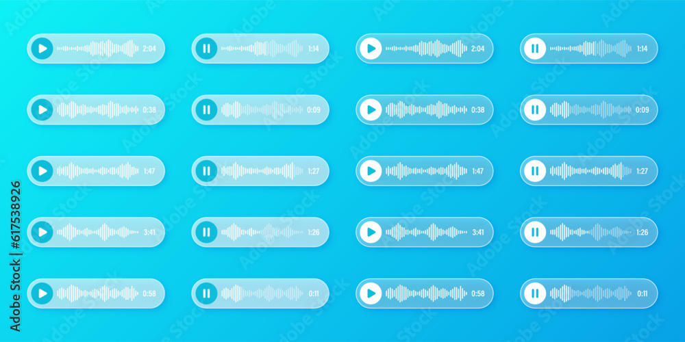 Voice, audio message, transparent speech bubbles. SMS text frame. Social media chat or messaging app conversation. Voice assistant, recorder. Sound wave pattern. Vector illustration Voice, audio message, transparent speech bubbles. SMS text frame. Social media chat or messaging app conversation. Voice assistant, recorder. Sound wave pattern. Vector illustration
