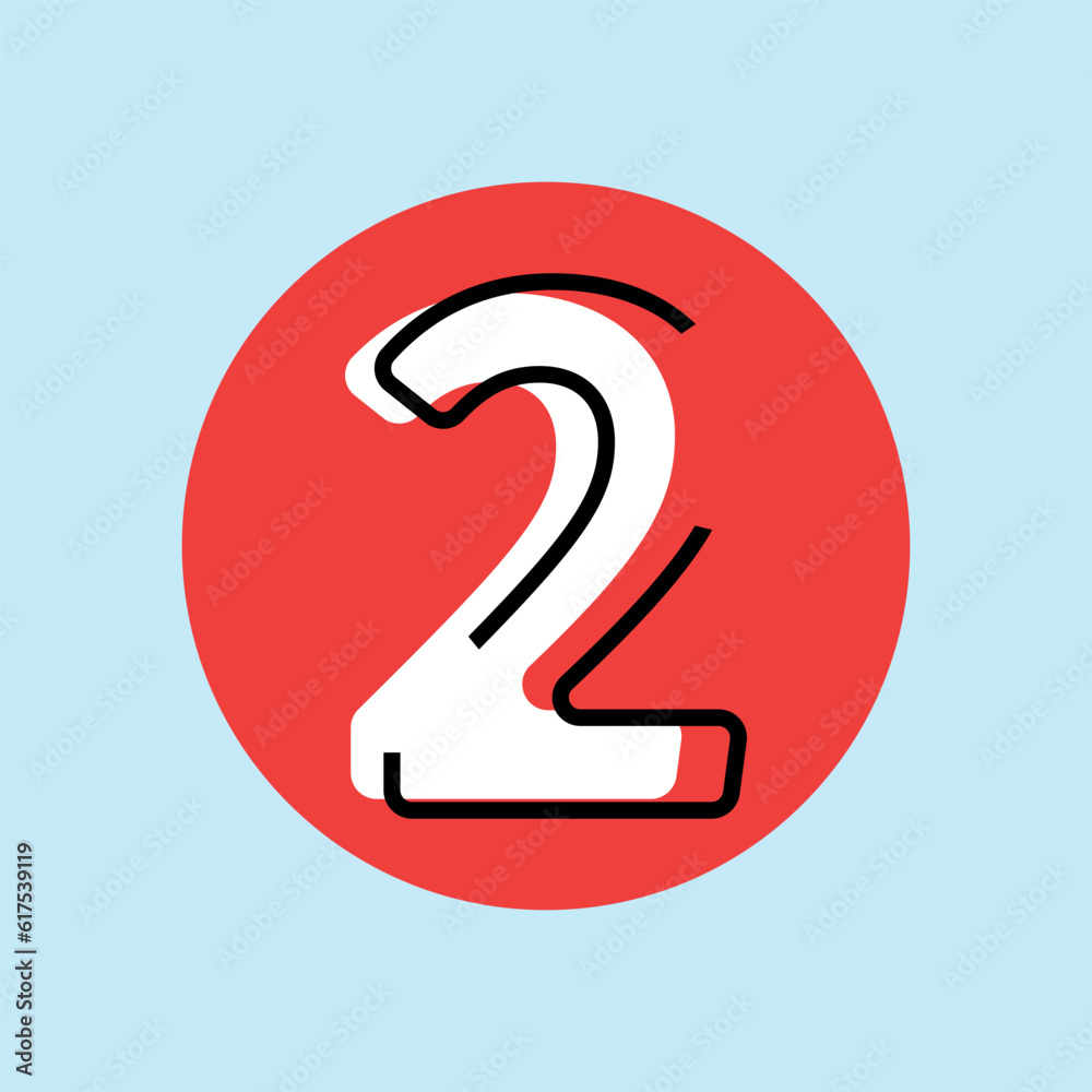 Number 2. numbering. number them. queue. a list with a number. counter. calculator. vector illustration. on a colored background. red circle. black outline of the number. Number 2. numbering. number them. queue. a list with a number. counter. calculator. vector illustration. on a colored background. red circle. black outline of the number.