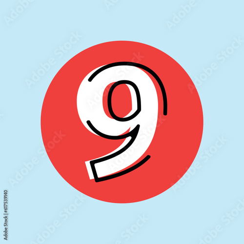 Number 9. numbering. number them. queue. a list with a number. counter. calculator. vector illustration. on a colored background. red circle. black outline of the number.