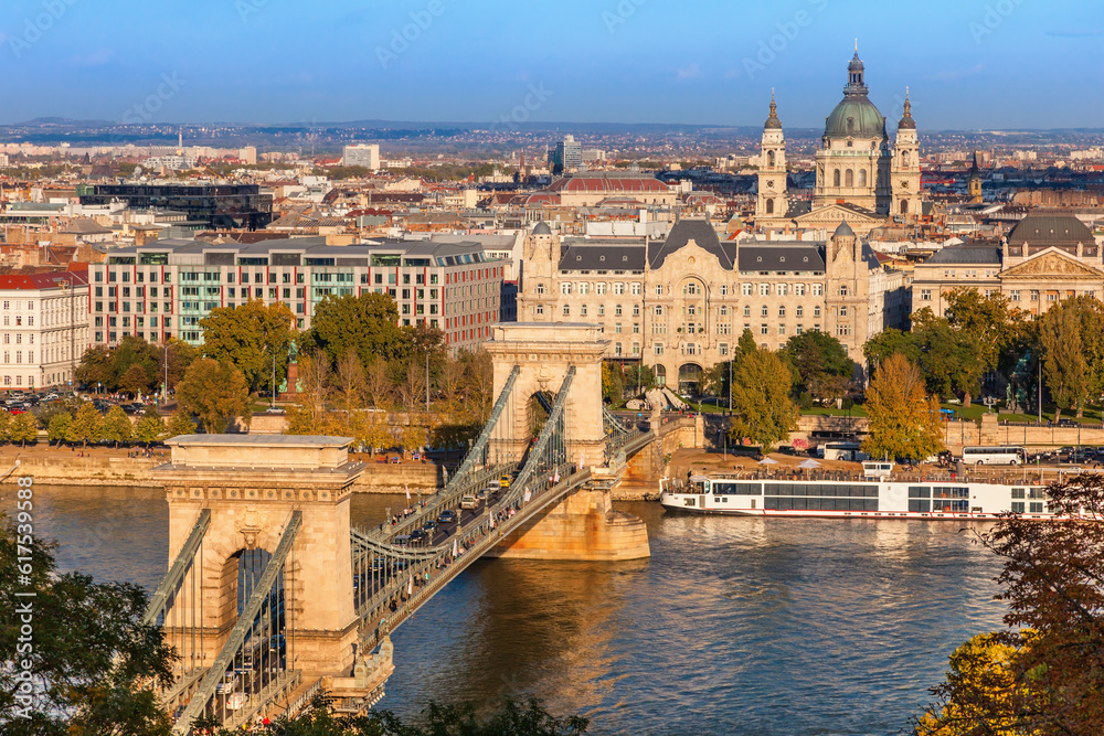 Budapest. Panorama of Pest from Buda. Szechenyi chain bridge over the Danube. St. Stephen's Basilica