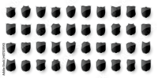 Set of various vintage 3d shield icons. Black heraldic shields. Protection and security symbol, label. Vector illustration